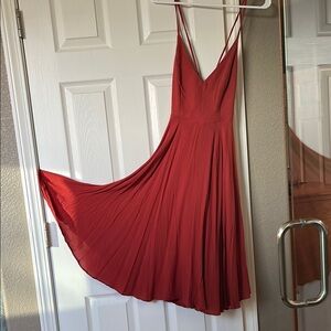 Lulu’s Rust Red V-Neck Spaghetti Strap Midi Dress, lace tie back, swing dress